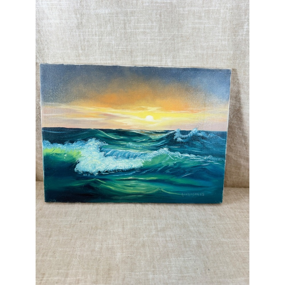 Vintage K Dickinson 1988 Signed Original Oil Painting Ocean Sunset Seascape 12x9